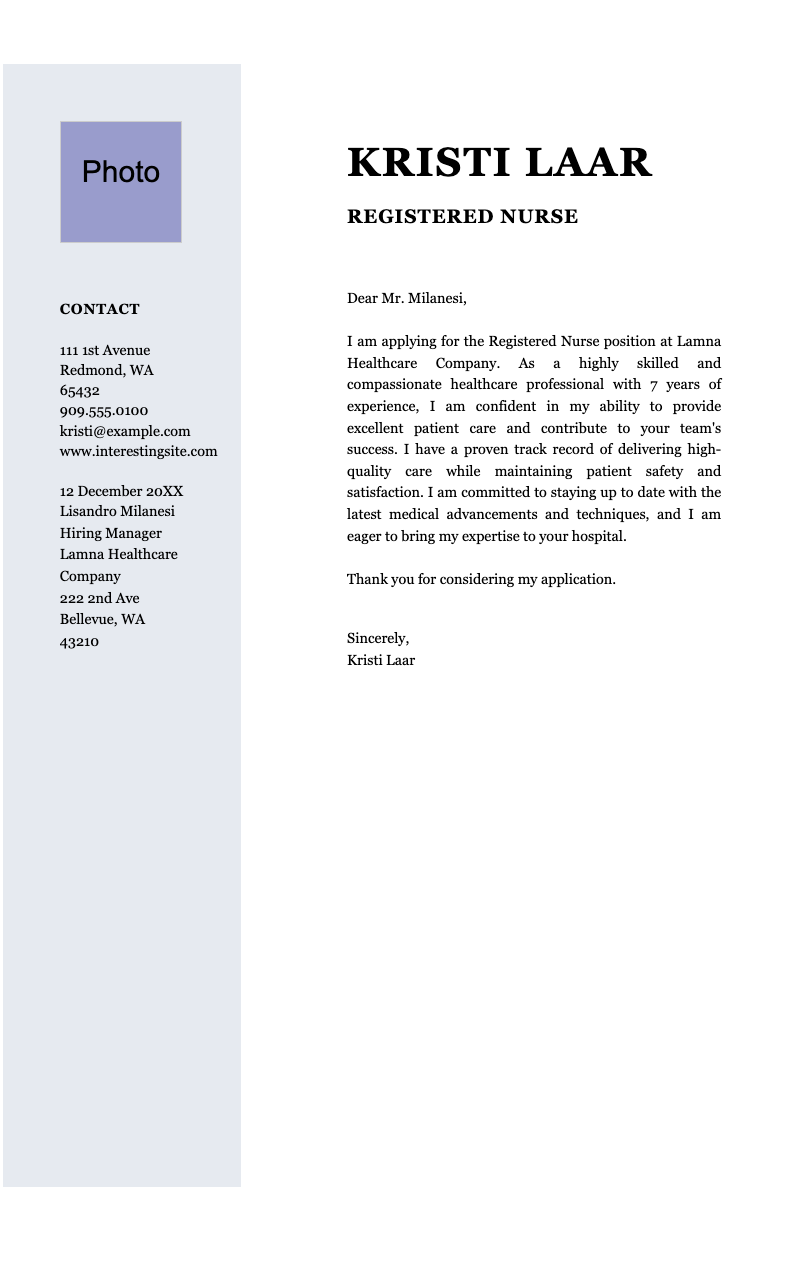 Modern nursing cover letter - Professional nursing cover letter template with photo sidebar and elegant typography for healthcare job seekers.